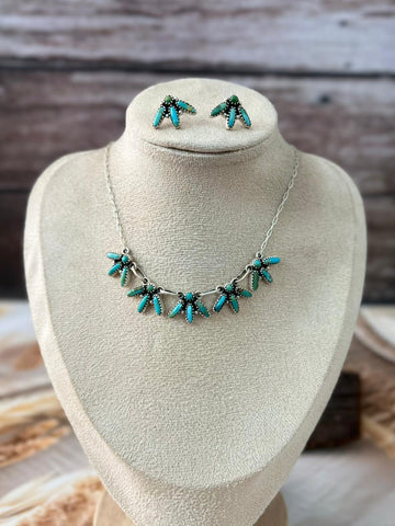 Handmade Sterling Silver Needle Collection: Kingman Turquoise Necklace Earrings Set "Signed Nizhoni"