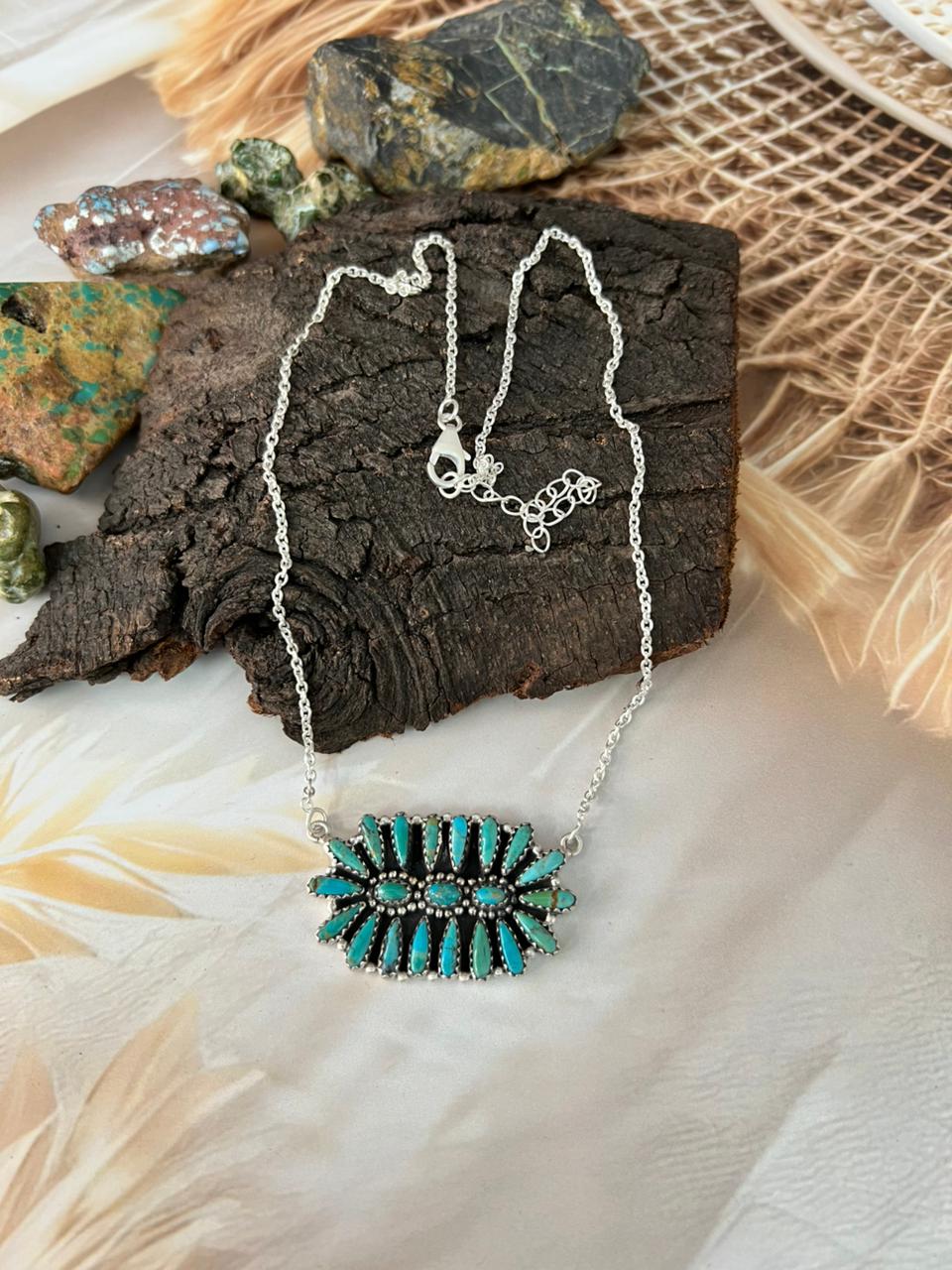 Handmade Sterling Silver Needle Collection: Kingman Turquoise Necklace "Signed Nizhoni"