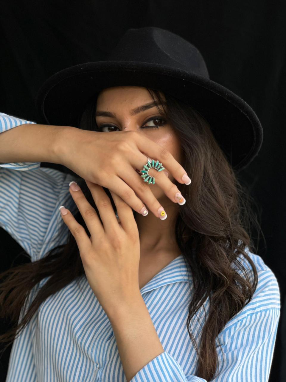 Handmade Sterling Silver Needle Collection: Kingman Turquoise Adjustable Naja Ring "Signed Nizhoni"