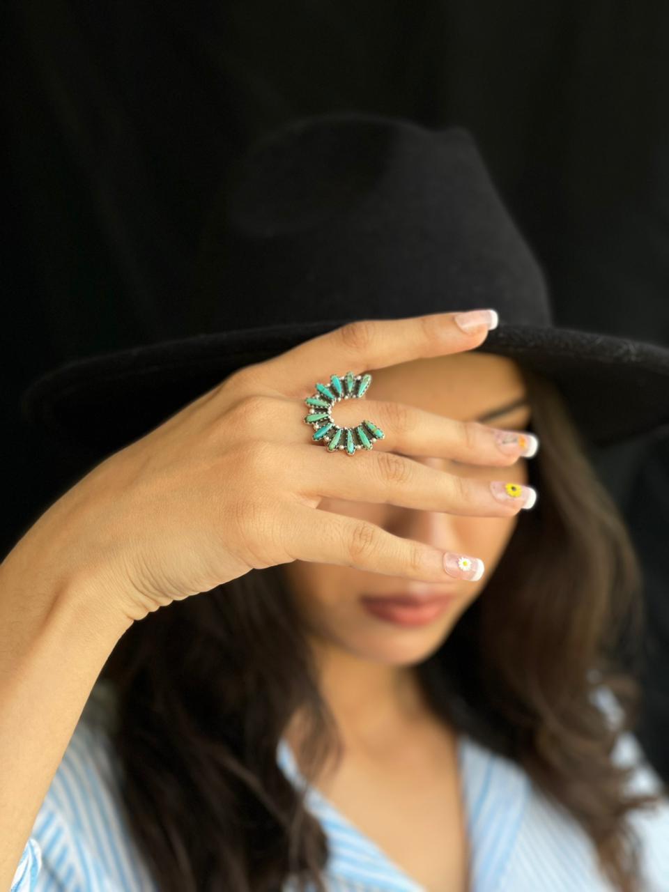 Handmade Sterling Silver Needle Collection: Kingman Turquoise Adjustable Naja Ring "Signed Nizhoni"