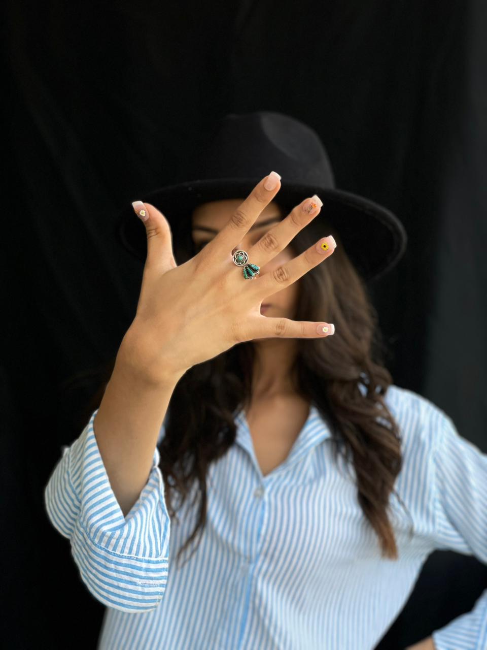 Handmade Sterling Silver Needle Collection: Kingman Turquoise Adjustable Ring "Signed Nizhoni"