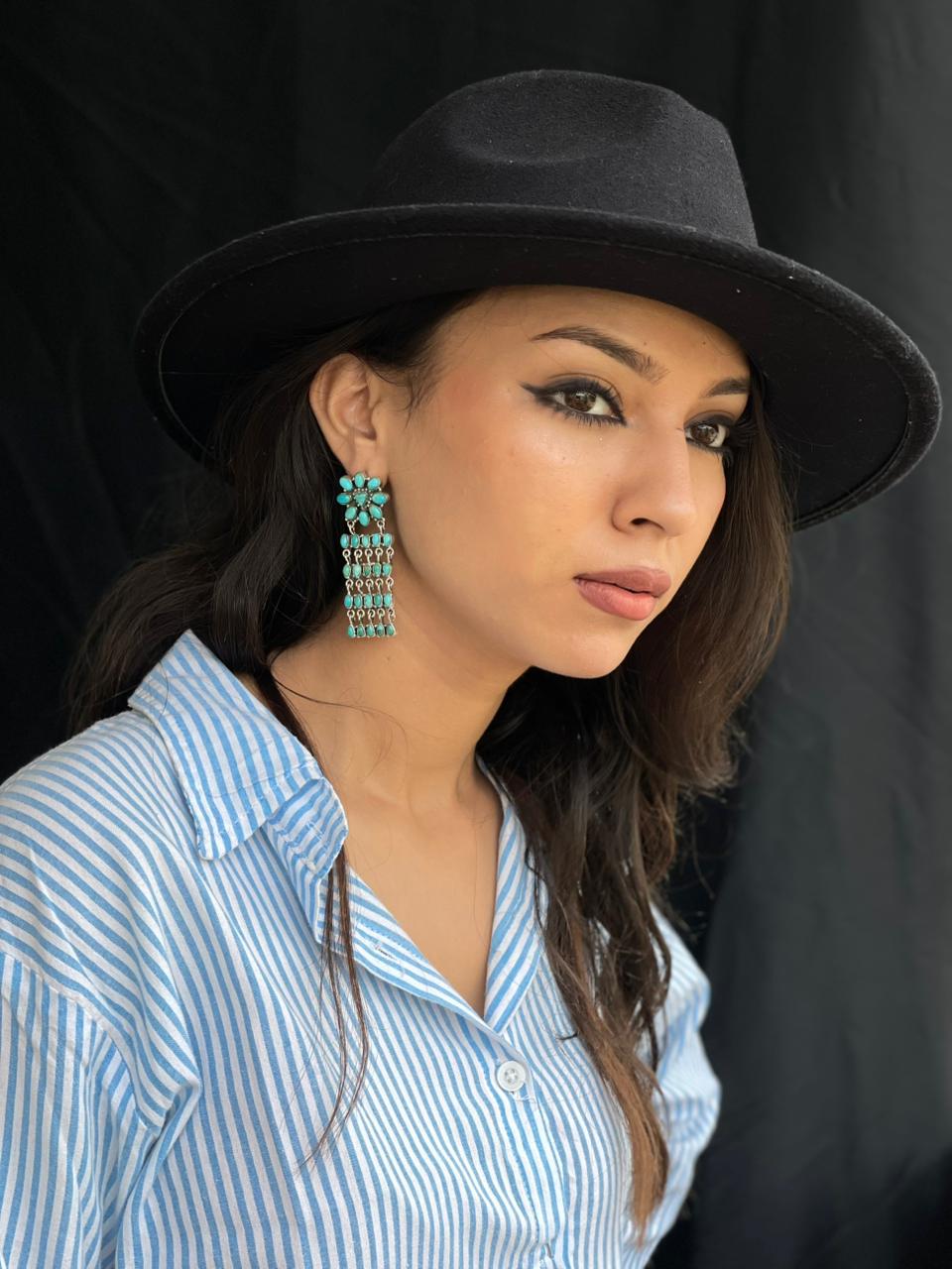 Handmade Sterling Silver Kingman Turquoise Post Dangle Heart Shape Earrings "Signed Nizhoni"