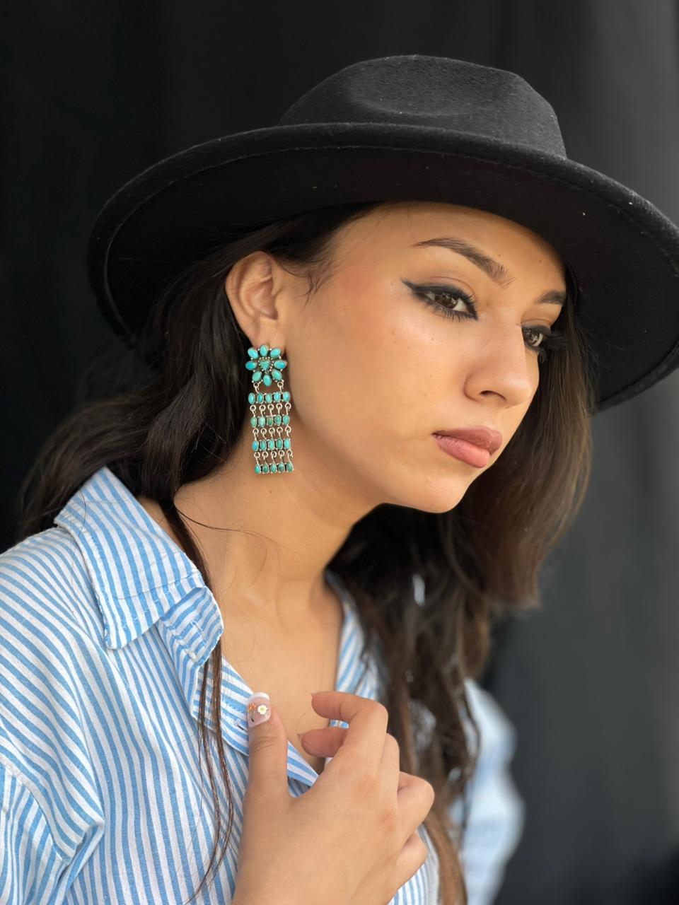 Handmade Sterling Silver Kingman Turquoise Post Dangle Heart Shape Earrings "Signed Nizhoni"