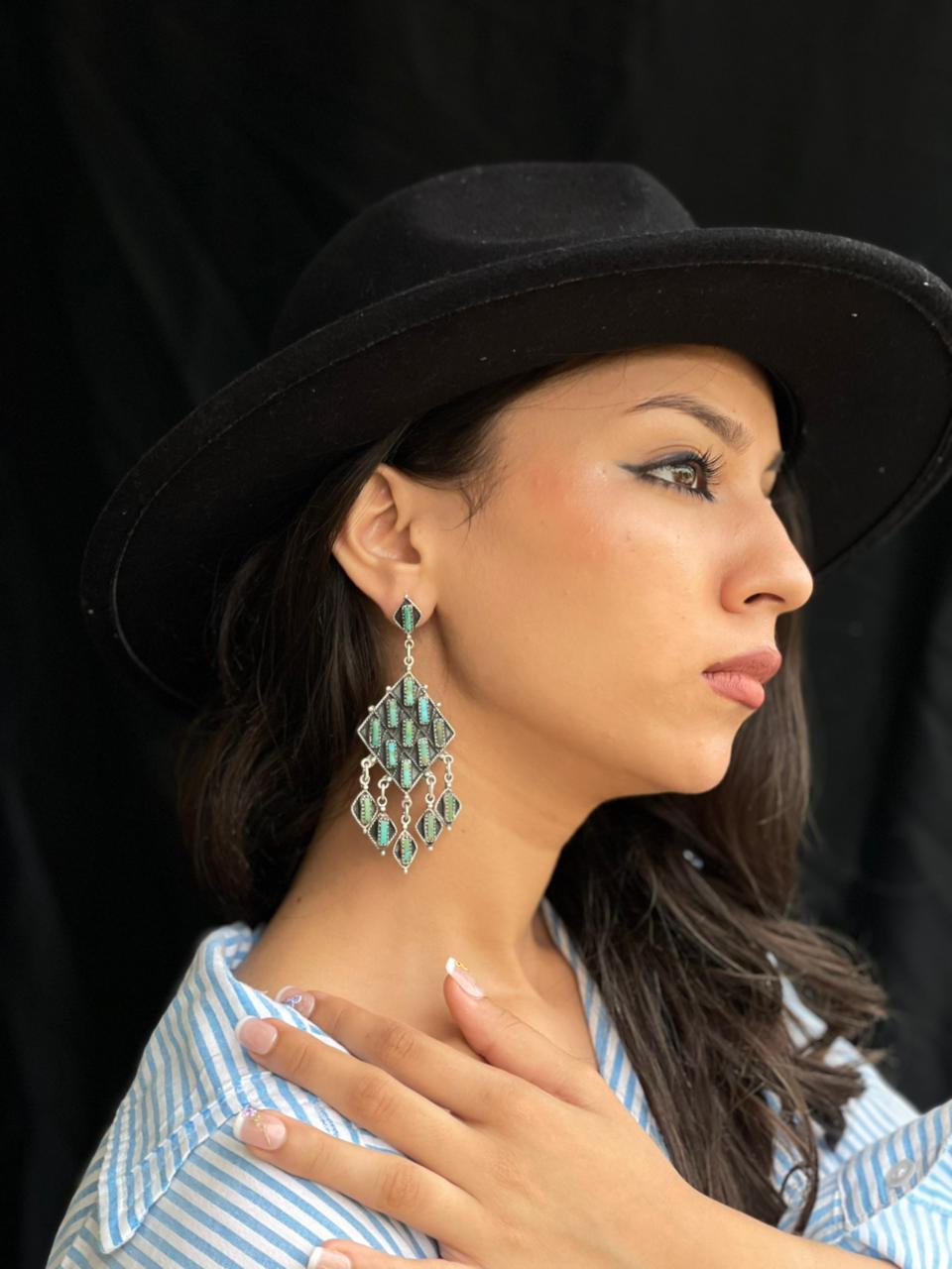 Handmade Sterling Silver Needle Collection: Kingman Turquoise Post Dangle Earrings "Signed Nizhoni"