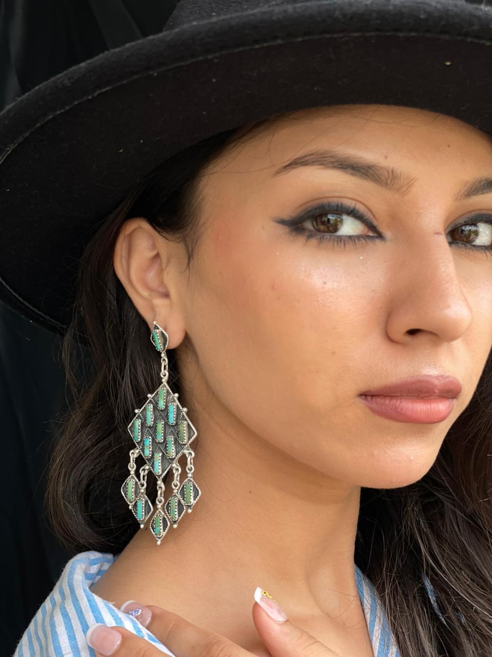 Handmade Sterling Silver Needle Collection: Kingman Turquoise Post Dangle Earrings "Signed Nizhoni"