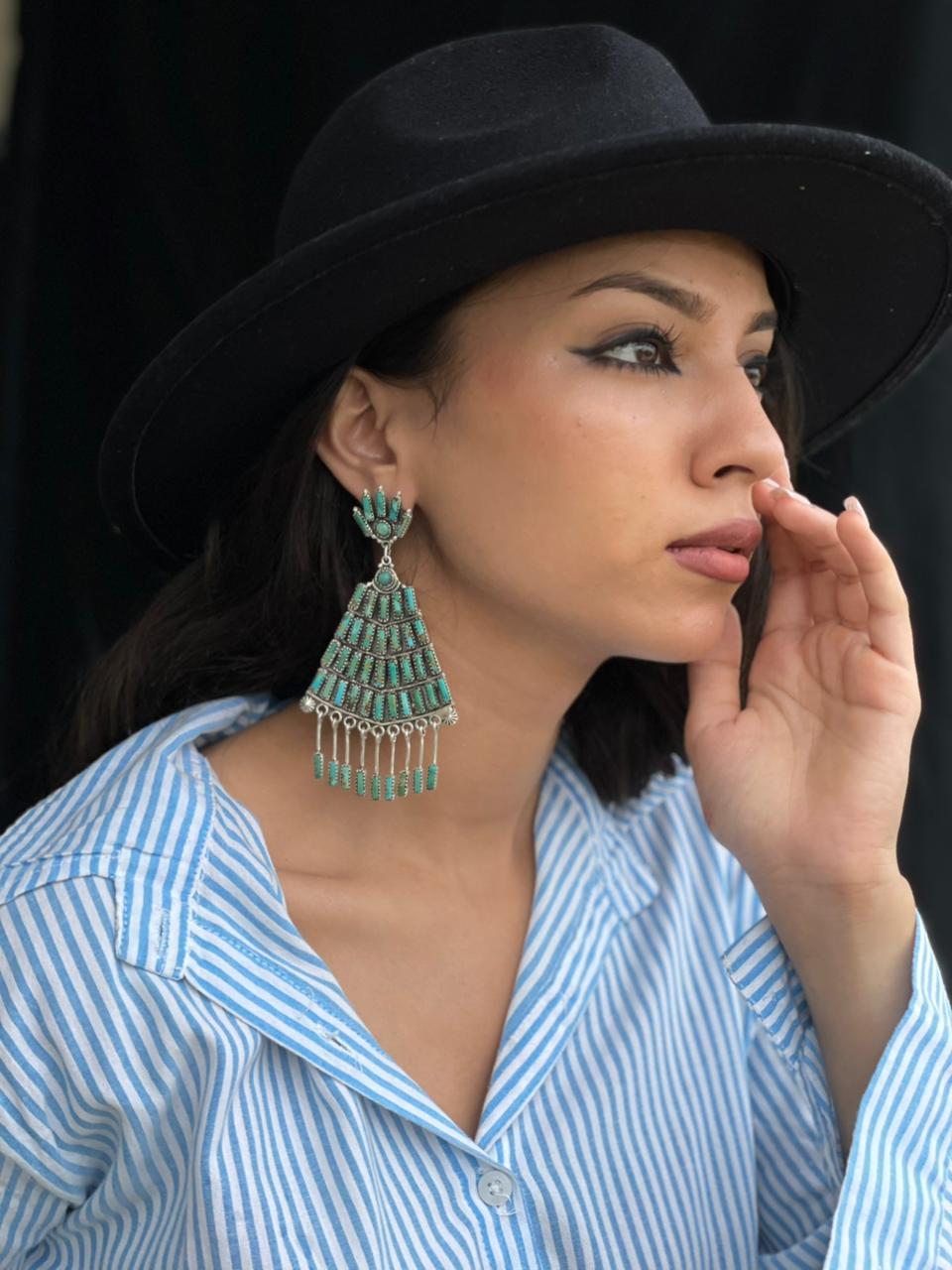 Handmade Sterling Silver Needle Collection: Kingman Turquoise Post Dangle Earrings "Signed Nizhoni"