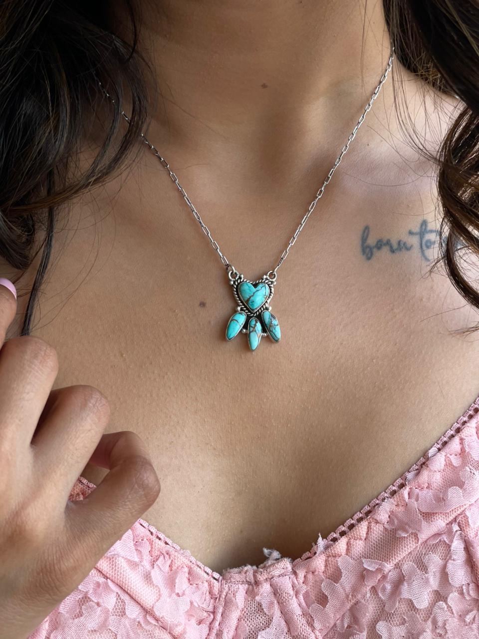 Handmade Sterling Silver Mint Dahlia Collection: Heart Necklace "Signed Nizhoni"
