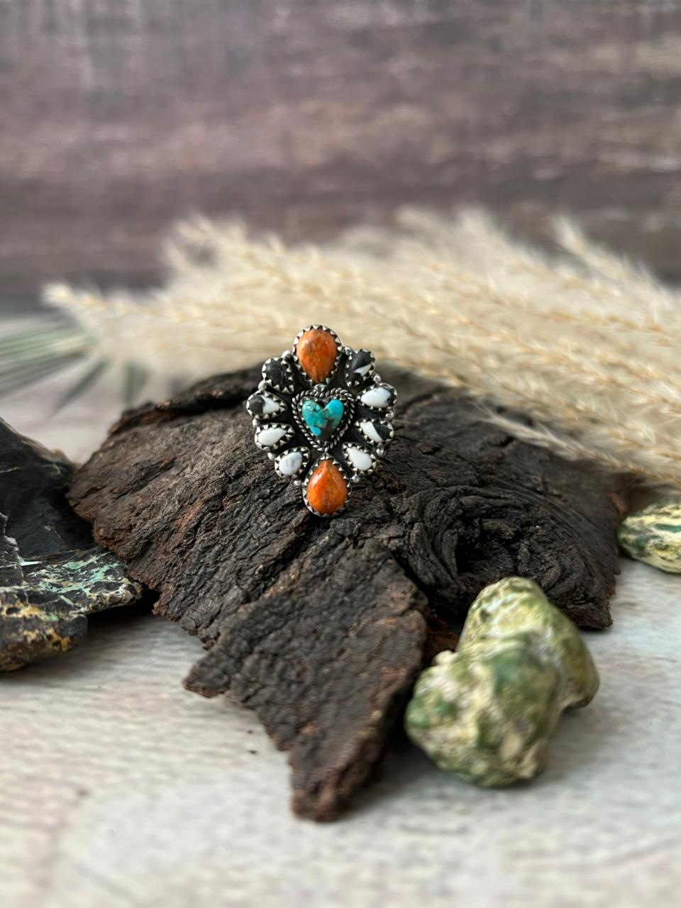 Handmade Sterling Silver Kingman with Orange Mojave and White Buffalo Adjustable Heart Ring "Signed Nizhoni"