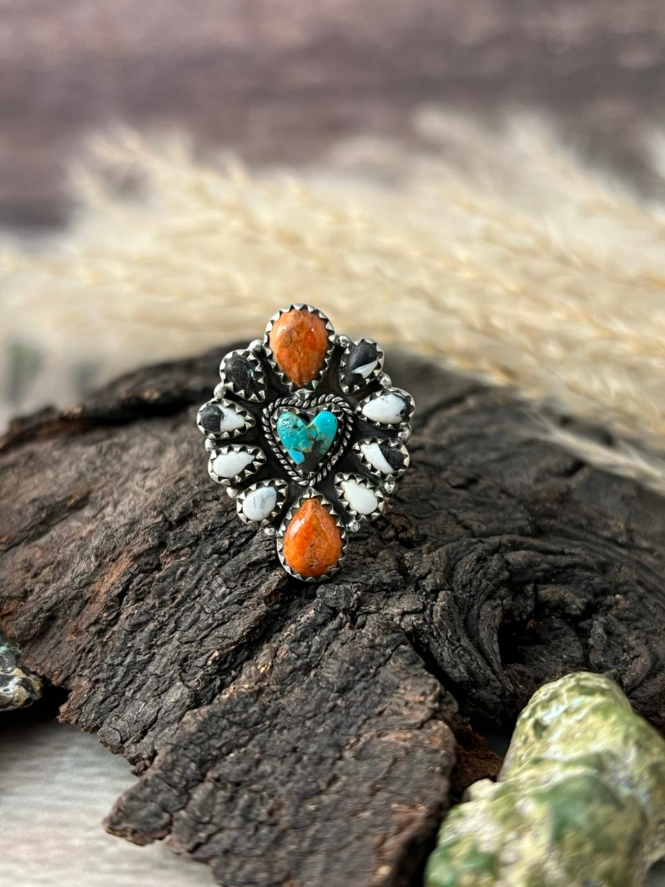 Handmade Sterling Silver Kingman with Orange Mojave and White Buffalo Adjustable Heart Ring "Signed Nizhoni"
