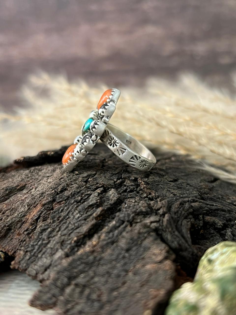 Handmade Sterling Silver Kingman with Orange Mojave and White Buffalo Adjustable Heart Ring "Signed Nizhoni"