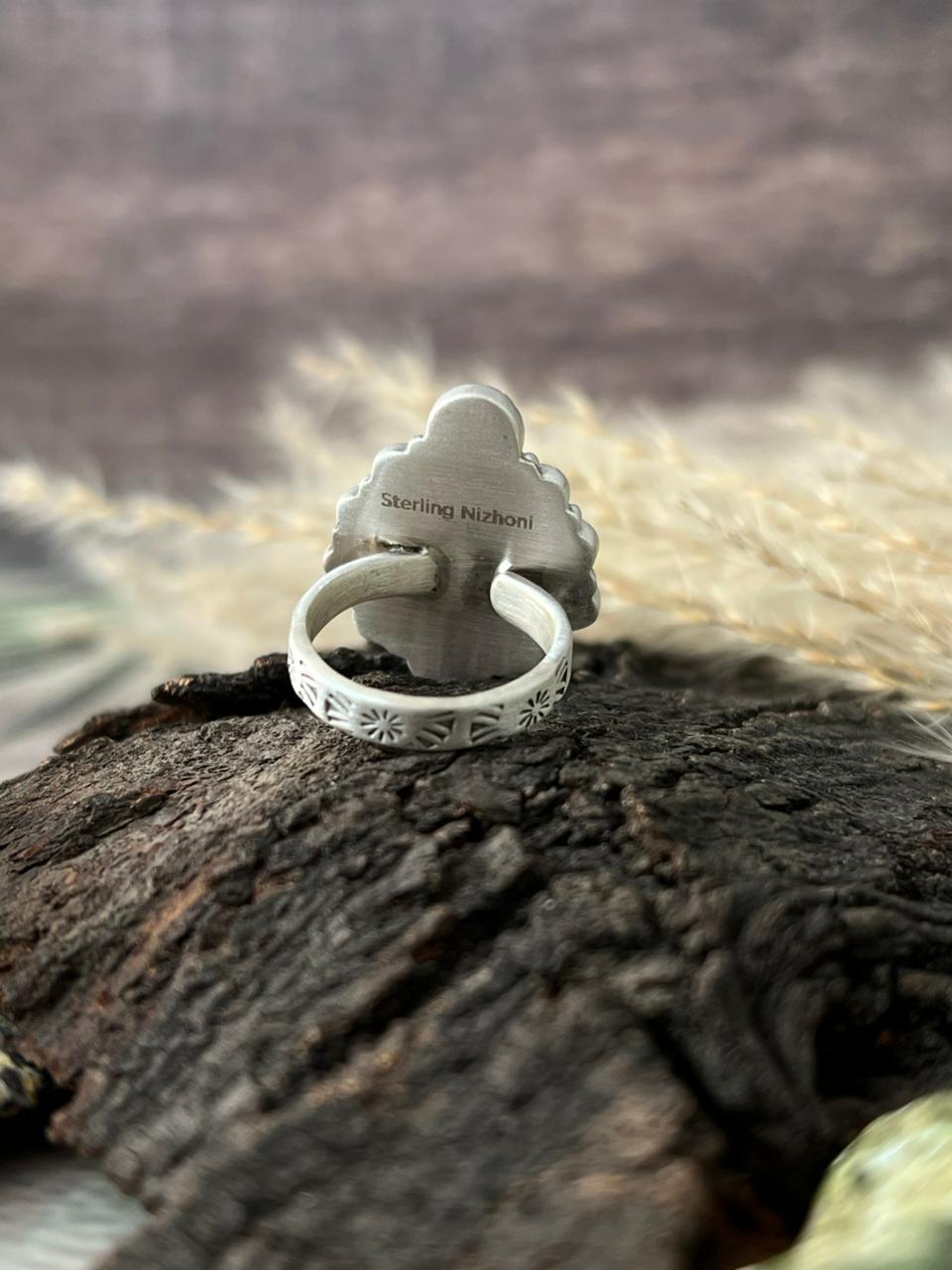 Handmade Sterling Silver Kingman with Orange Mojave and White Buffalo Adjustable Heart Ring "Signed Nizhoni"