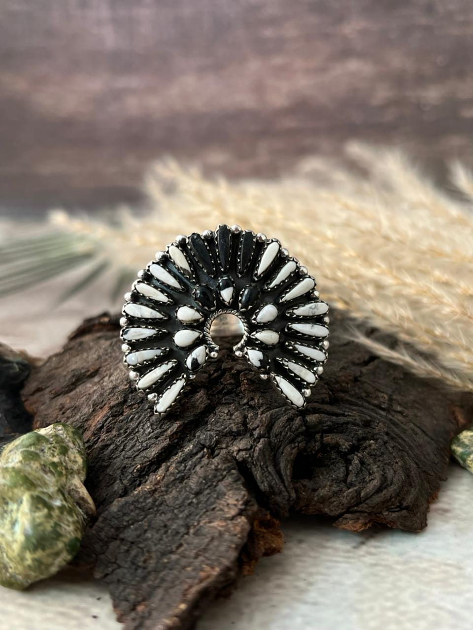 Handmade Sterling Silver White Buffalo Naja Adjustable Ring "Signed Nizhoni"