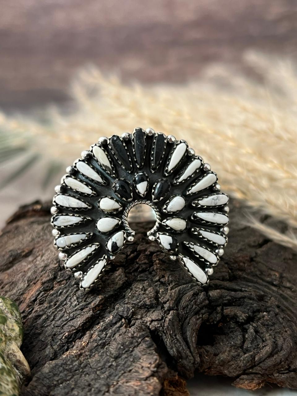 Handmade Sterling Silver White Buffalo Naja Adjustable Ring "Signed Nizhoni"