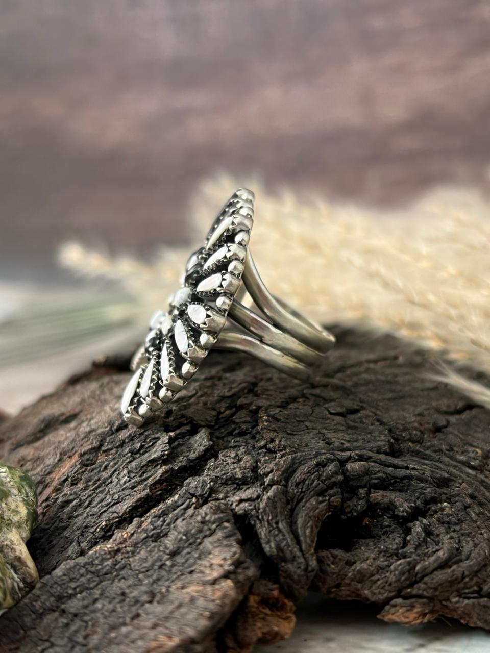 Handmade Sterling Silver White Buffalo Naja Adjustable Ring "Signed Nizhoni"