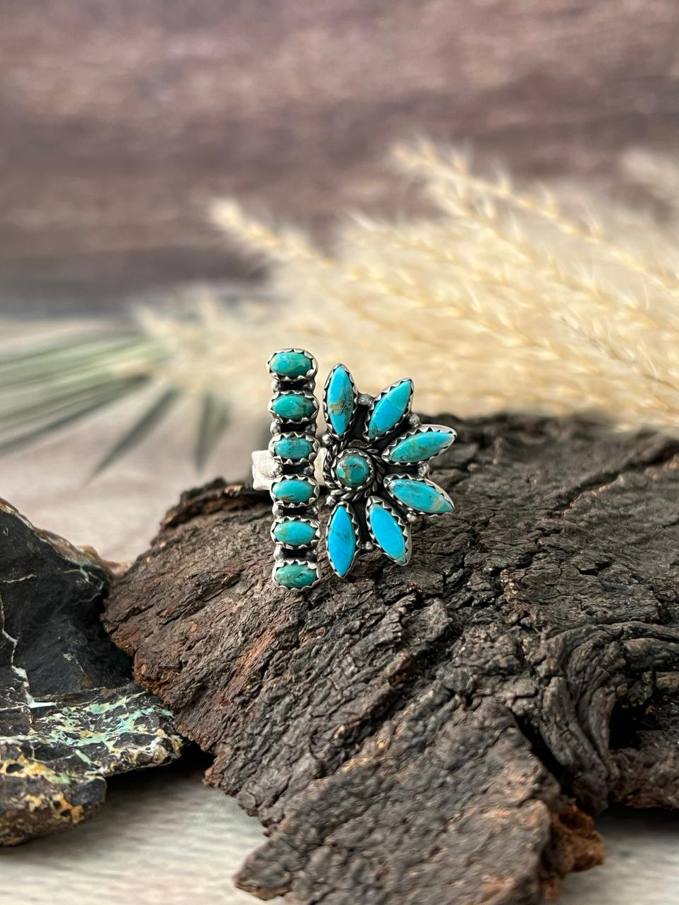 Handmade Sterling Silver Kingman Turquoise Adjustable Ring "Signed Nizhoni"