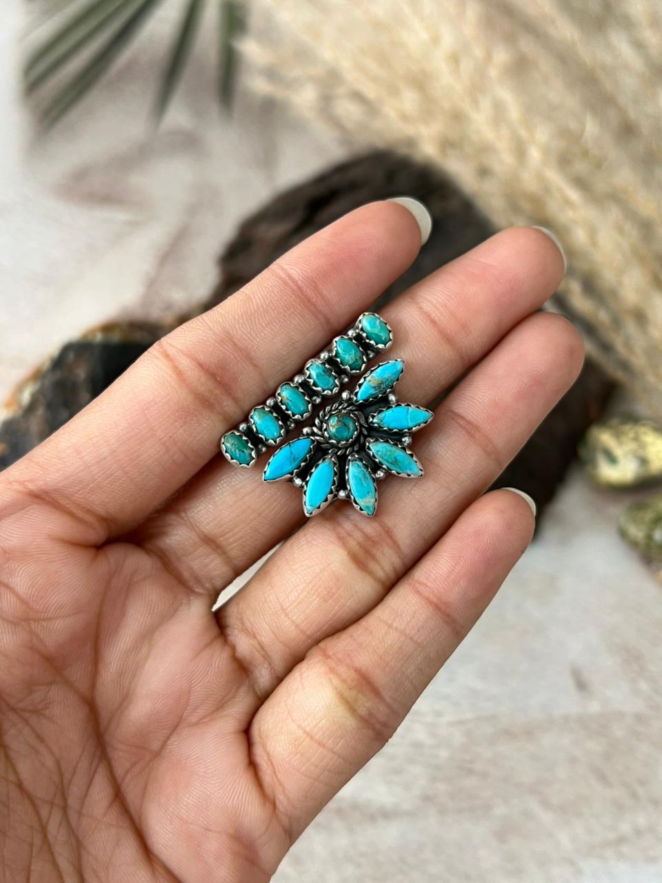 Handmade Sterling Silver Kingman Turquoise Adjustable Ring "Signed Nizhoni"