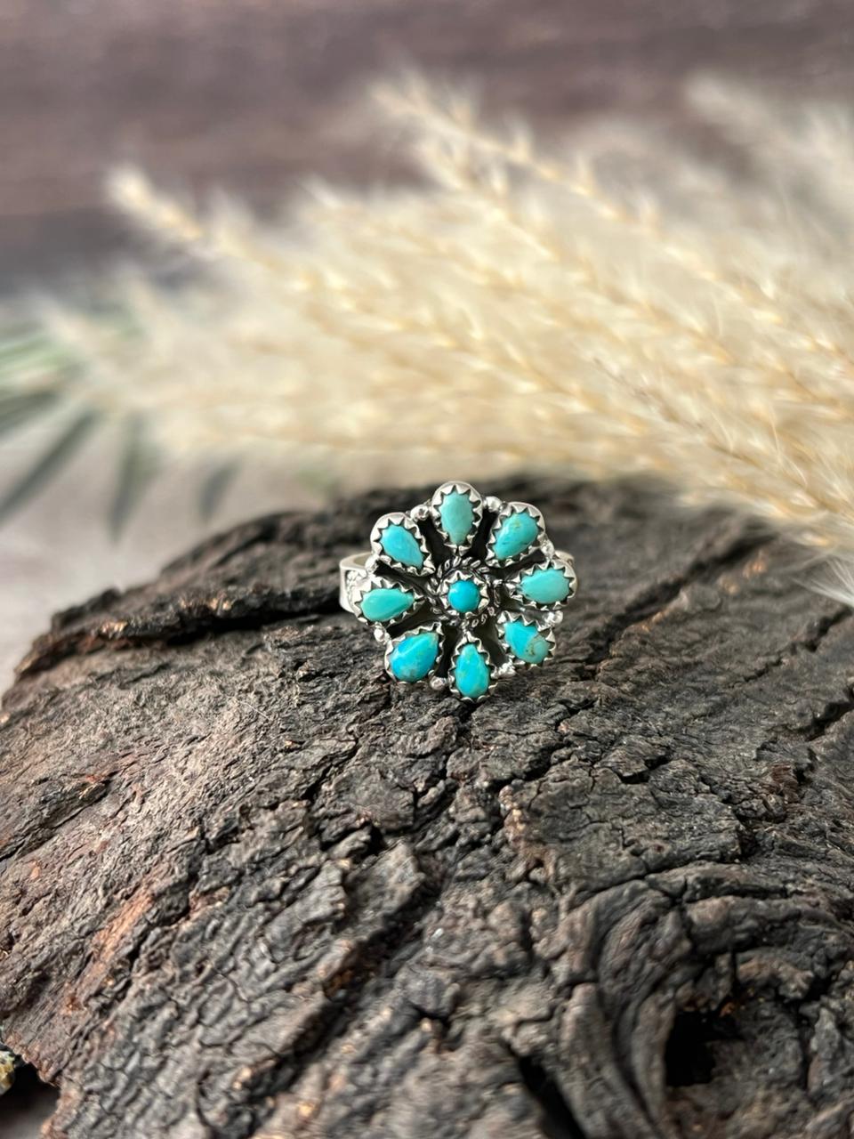 Handmade Sterling Silver Kingman Turquoise Adjustable Ring "Signed Nizhoni"