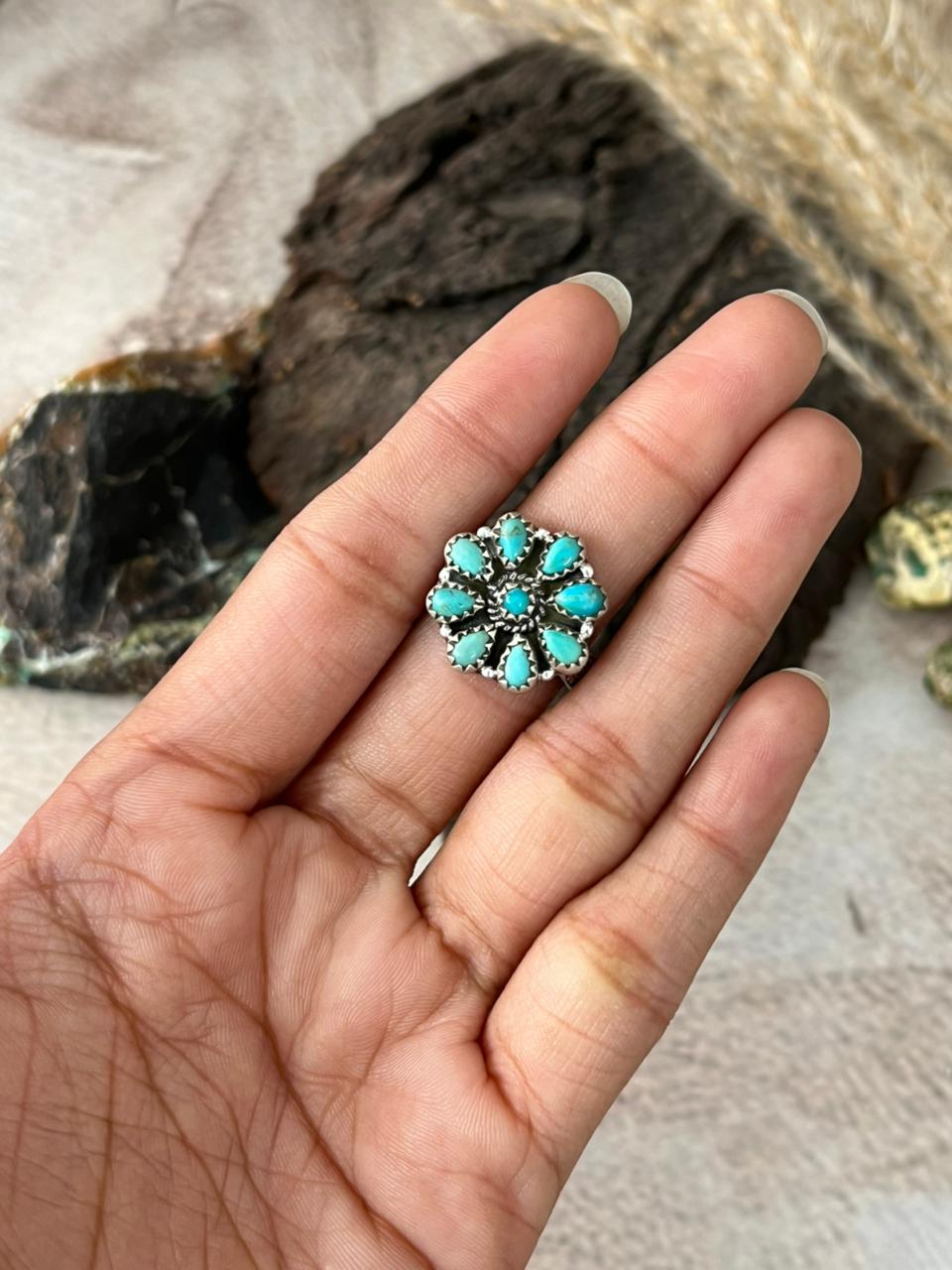 Handmade Sterling Silver Kingman Turquoise Adjustable Ring "Signed Nizhoni"