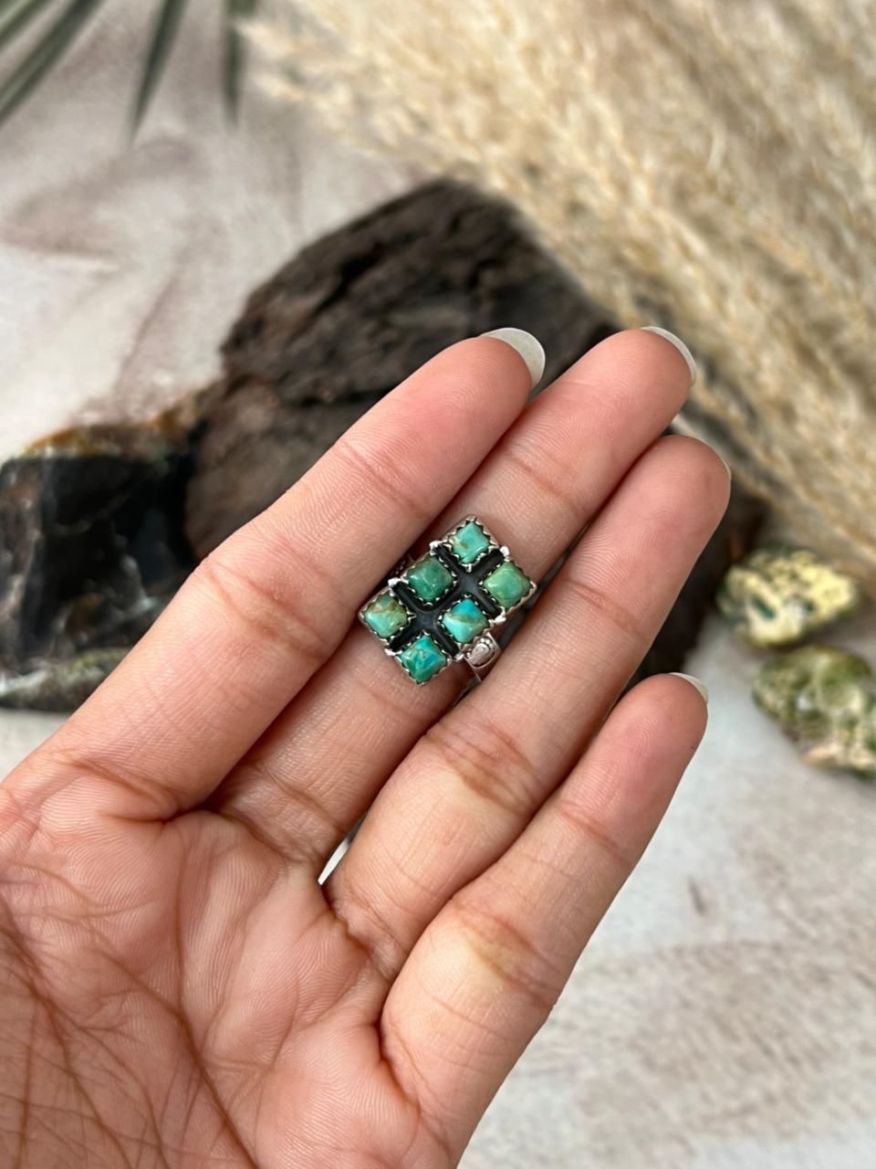 Handmade Sterling Silver Kingman Turquoise Adjustable Ring "Signed Nizhoni"