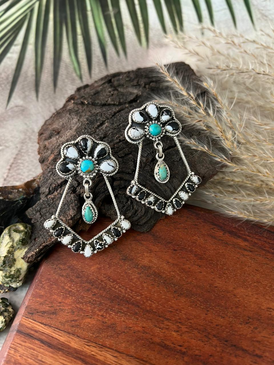 Handmade Sterling Silver White Buffalo with Kingman Turquoise Post Dangle Earrings "Signed Nizhoni"