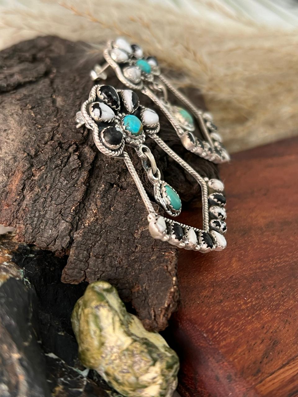 Handmade Sterling Silver White Buffalo with Kingman Turquoise Post Dangle Earrings "Signed Nizhoni"