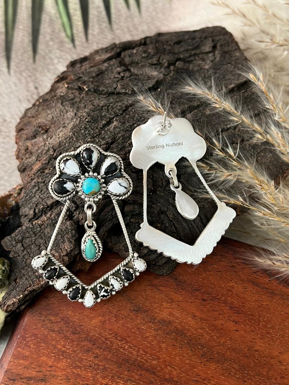 Handmade Sterling Silver White Buffalo with Kingman Turquoise Post Dangle Earrings "Signed Nizhoni"