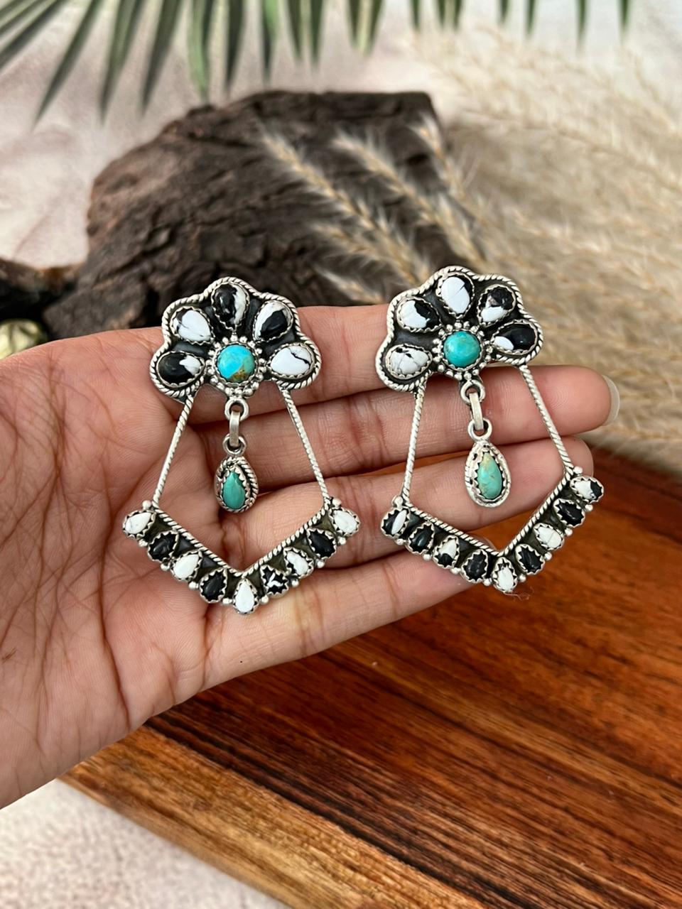 Handmade Sterling Silver White Buffalo with Kingman Turquoise Post Dangle Earrings "Signed Nizhoni"