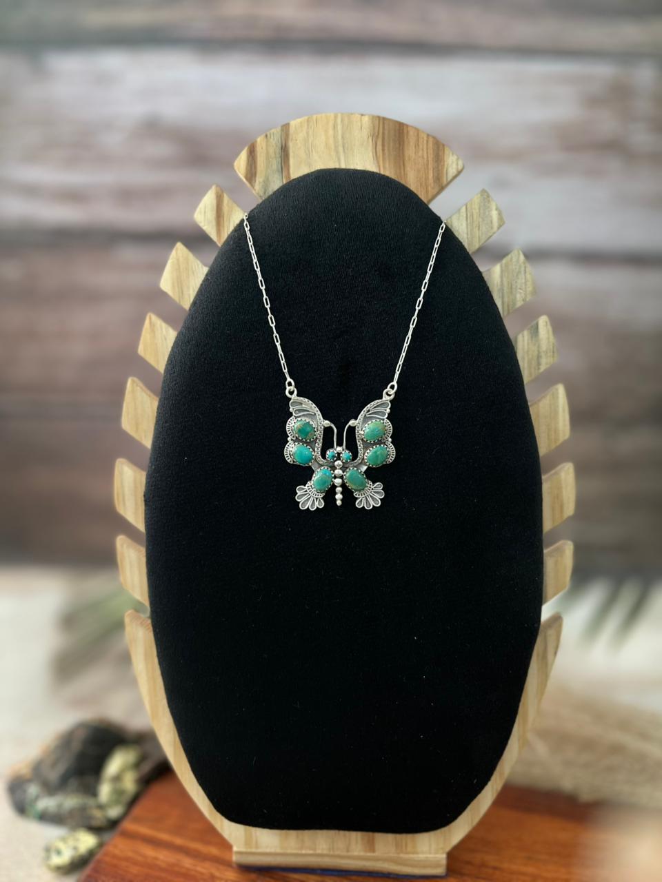 Handmade Sterling Silver Kingman Turquoise Butterfly Necklace "Signed Nizhoni"