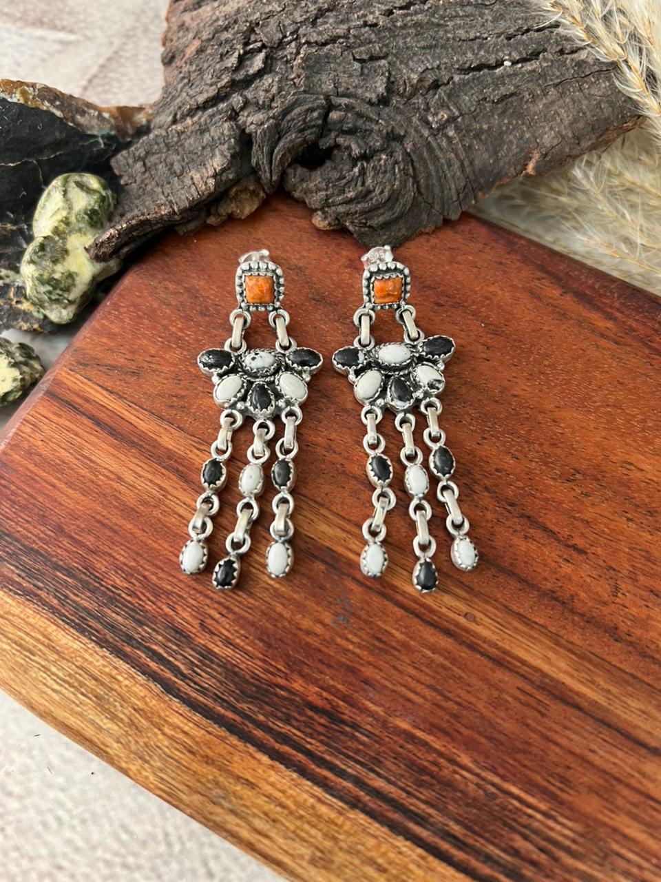 Handmade Sterling Silver White Buffalo with Orange Mojave Post Dangle Earrings "Signed Nizhoni"