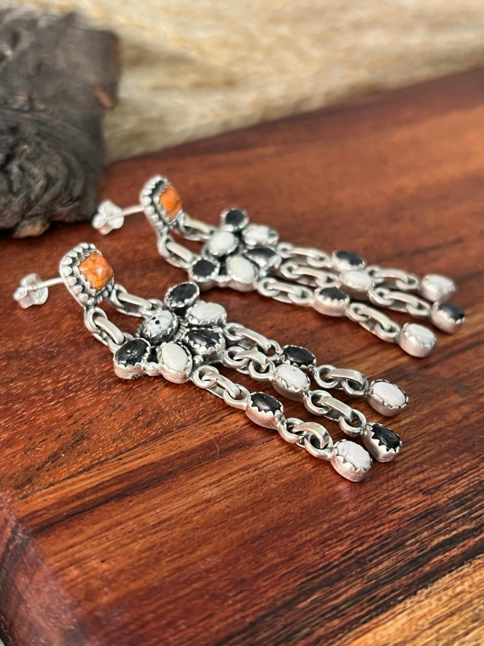 Handmade Sterling Silver White Buffalo with Orange Mojave Post Dangle Earrings "Signed Nizhoni"
