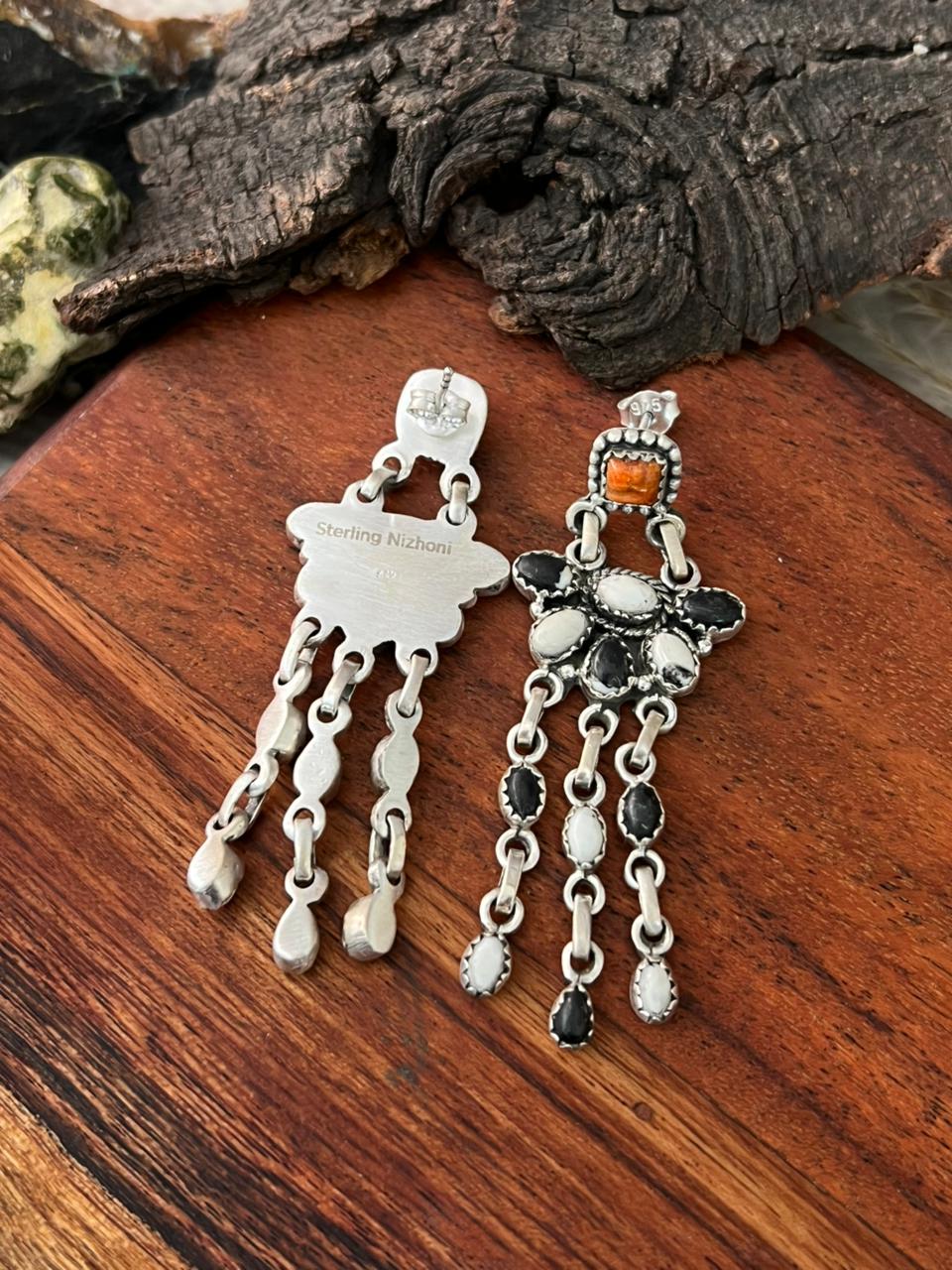 Handmade Sterling Silver White Buffalo with Orange Mojave Post Dangle Earrings "Signed Nizhoni"