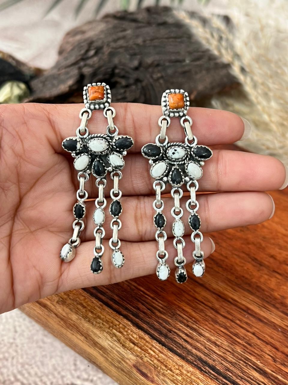 Handmade Sterling Silver White Buffalo with Orange Mojave Post Dangle Earrings "Signed Nizhoni"
