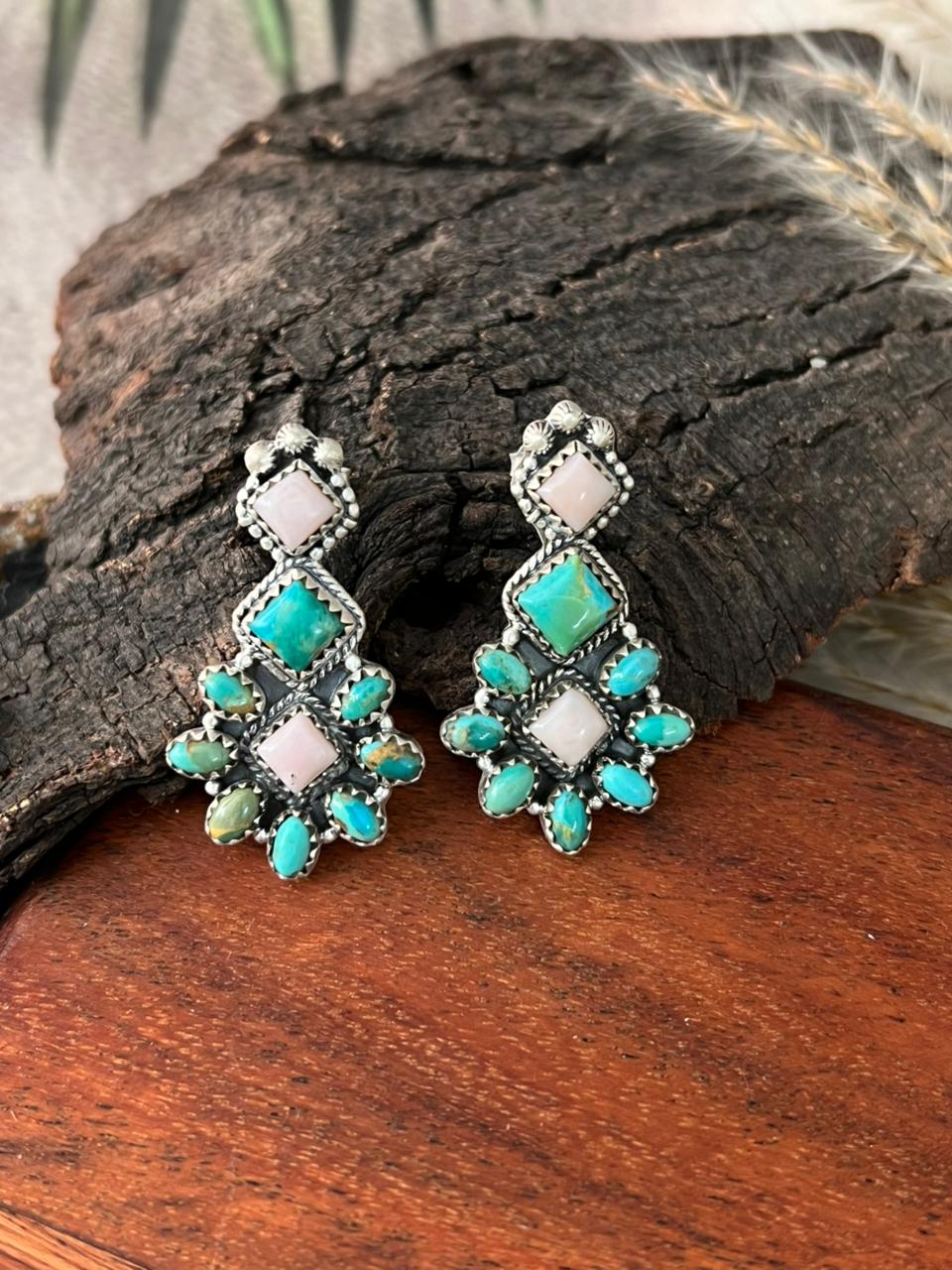 Handmade Sterling Silver Kingman Turquoise with Pink Opal Post Earrings "Signed Nizhoni"