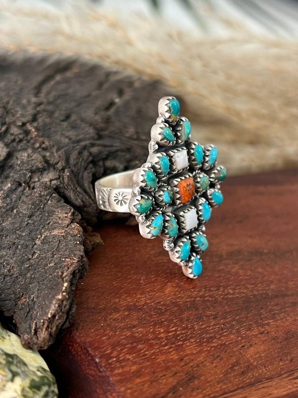 Handmade Sterling Silver Kingman with Orange Mojave and White Buffalo Adjustable Ring "Signed Nizhoni"