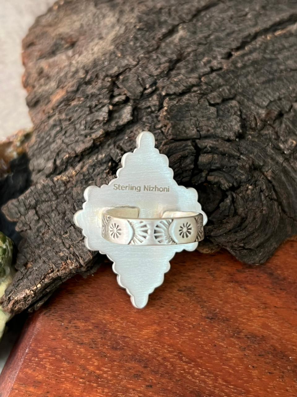 Handmade Sterling Silver Kingman with Orange Mojave and White Buffalo Adjustable Ring "Signed Nizhoni"