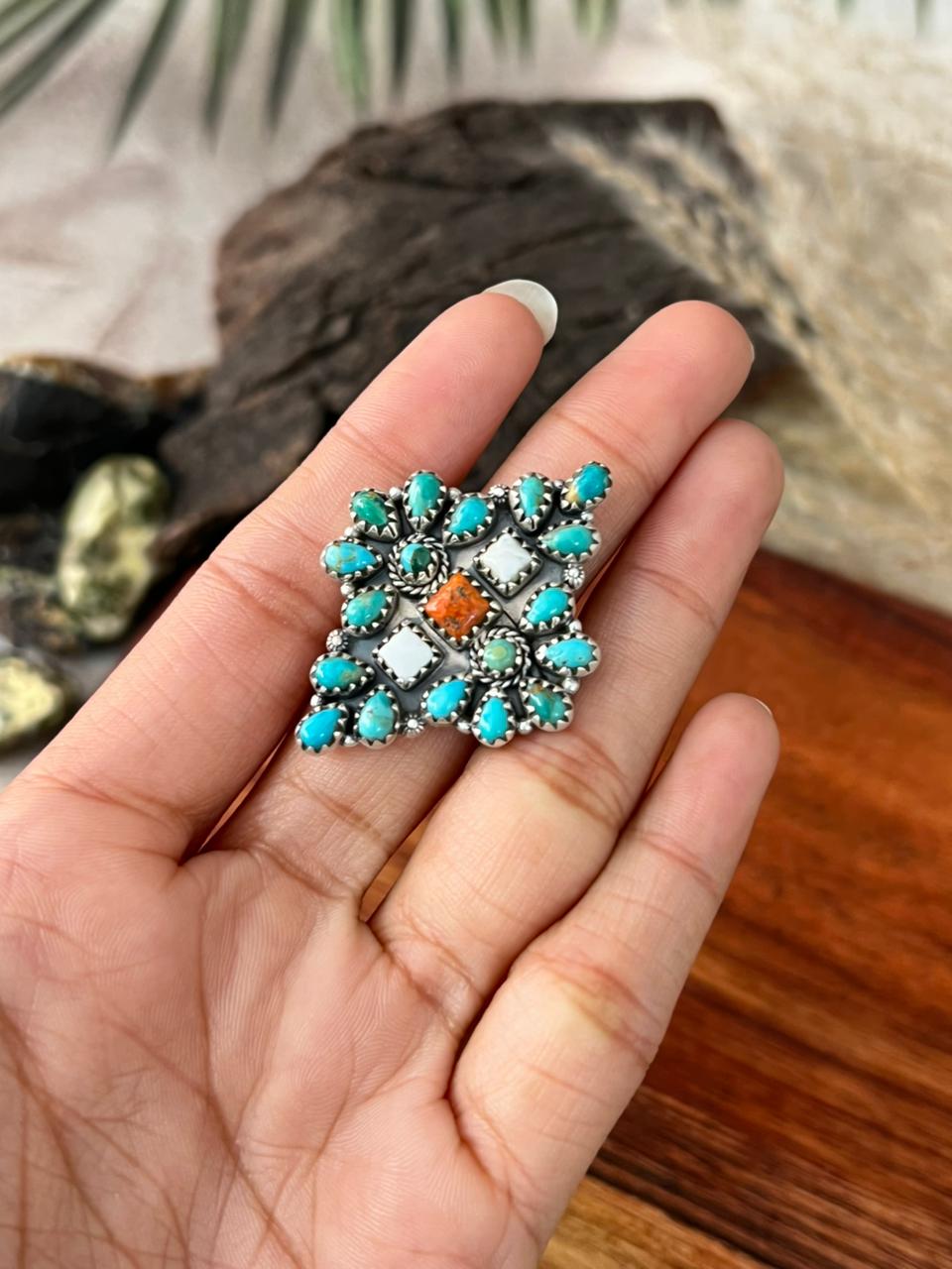 Handmade Sterling Silver Kingman with Orange Mojave and White Buffalo Adjustable Ring "Signed Nizhoni"