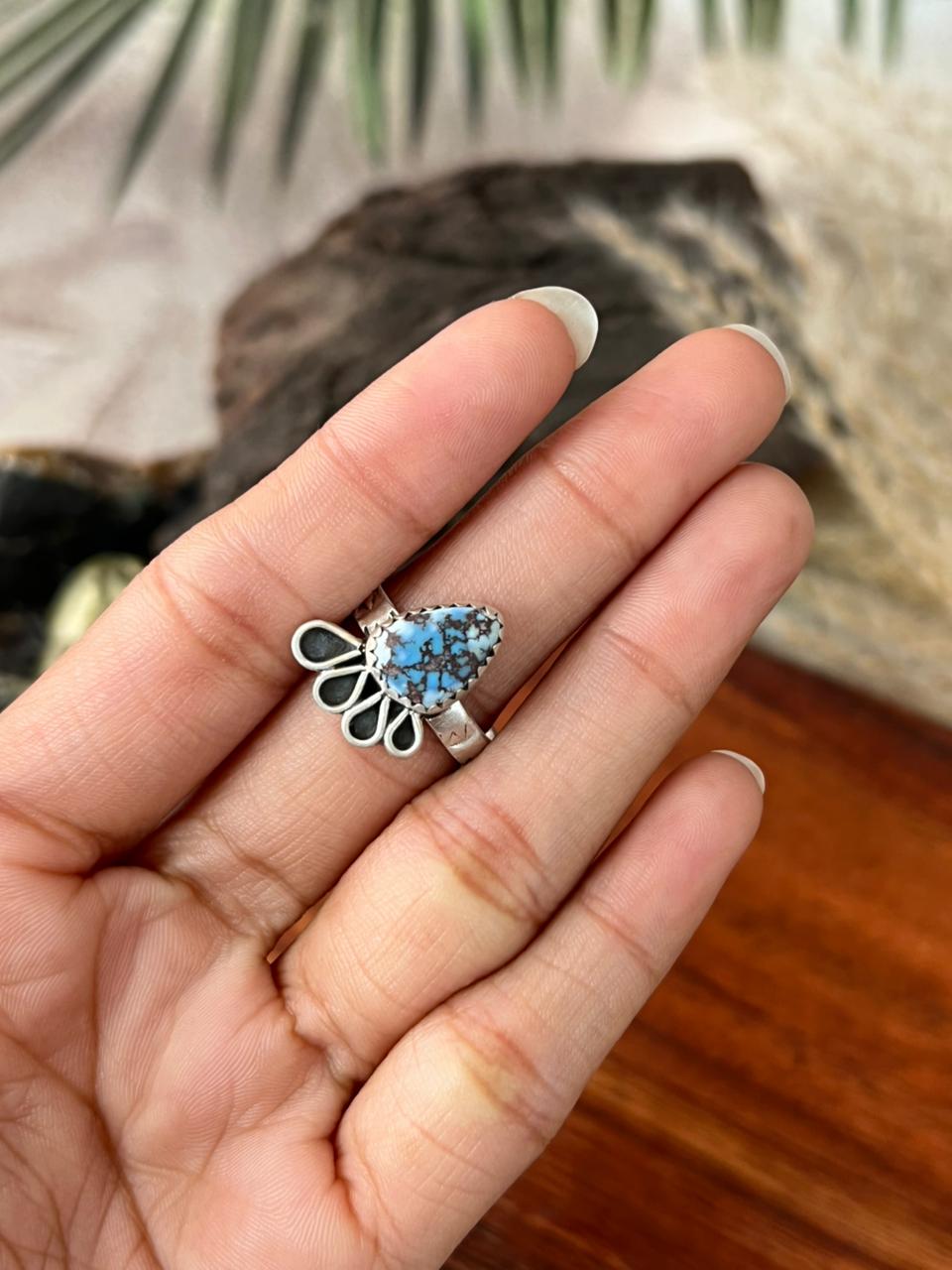 Handmade Sterling Silver Golden Hills Turquoise Adjustable Ring "Signed Nizhoni"