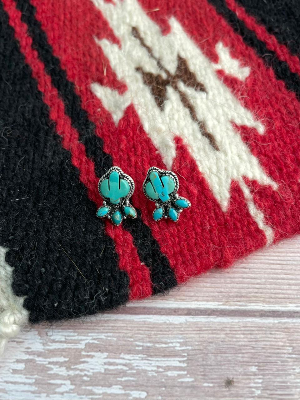 Handmade Sterling Silver Kingman Turquoise Post Studs Cactus Earrings "Signed Nizhoni"