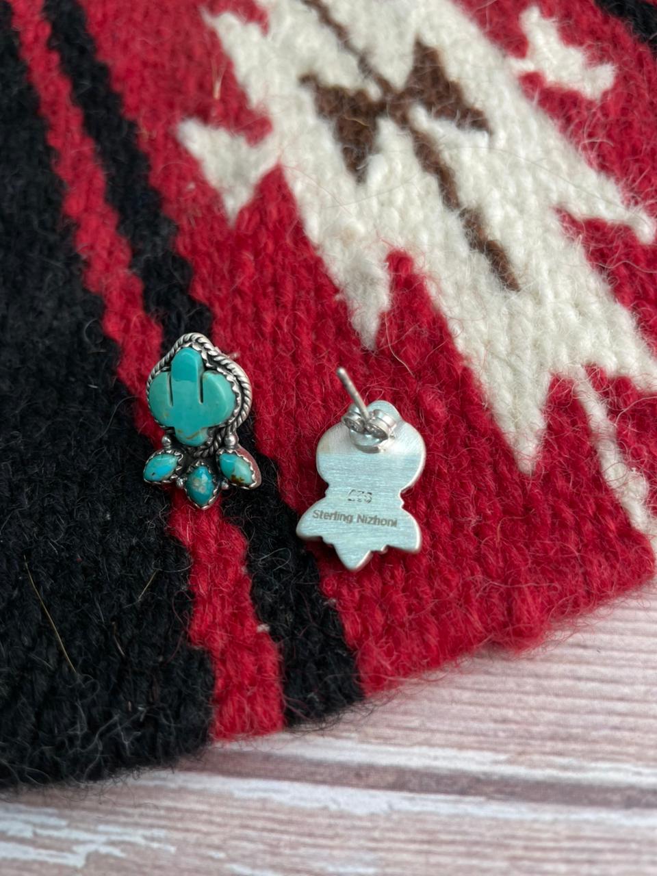 Handmade Sterling Silver Kingman Turquoise Post Studs Cactus Earrings "Signed Nizhoni"