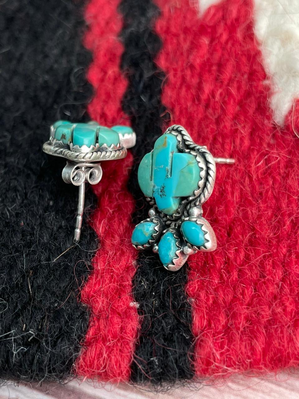 Handmade Sterling Silver Kingman Turquoise Post Studs Cactus Earrings "Signed Nizhoni"
