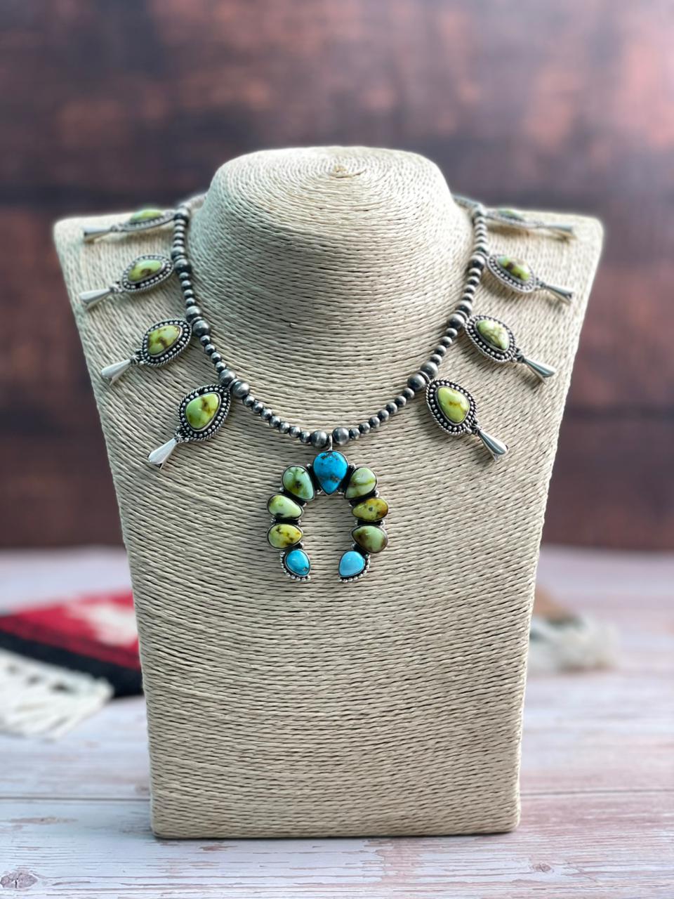 Handmade Sterling Silver Sierra Bella with Palomino Turquoise Collection: Squash Blossom Beaded Necklace "Signed Nizhoni"