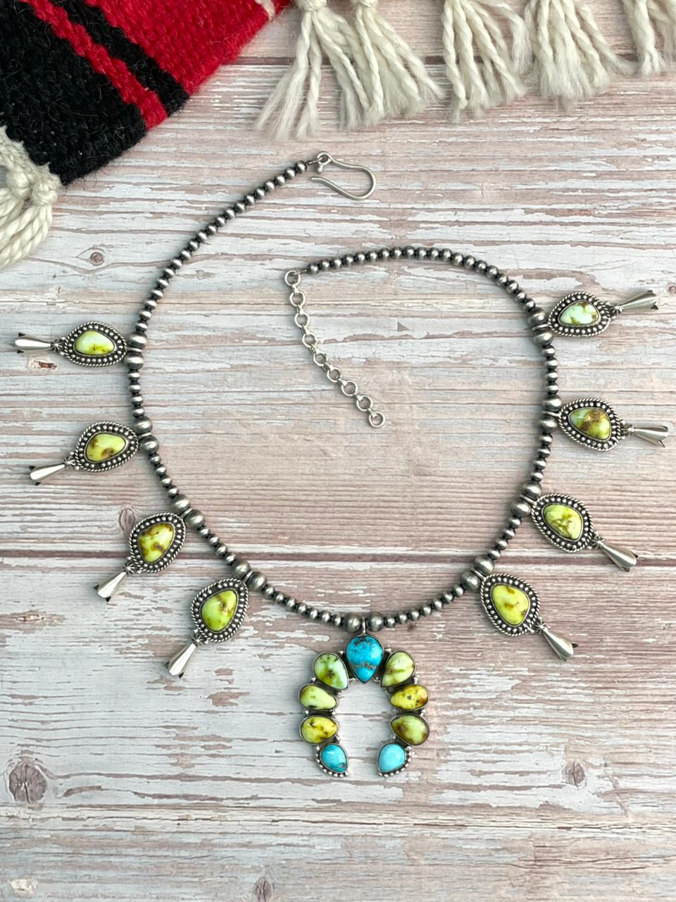 Handmade Sterling Silver Sierra Bella with Palomino Turquoise Collection: Squash Blossom Beaded Necklace "Signed Nizhoni"