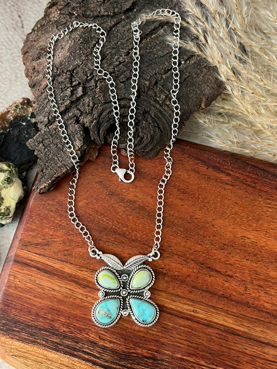 Handmade Sterling Silver White Water with Palomino Turquoise Butterfly Necklace "Signed Nizhoni"