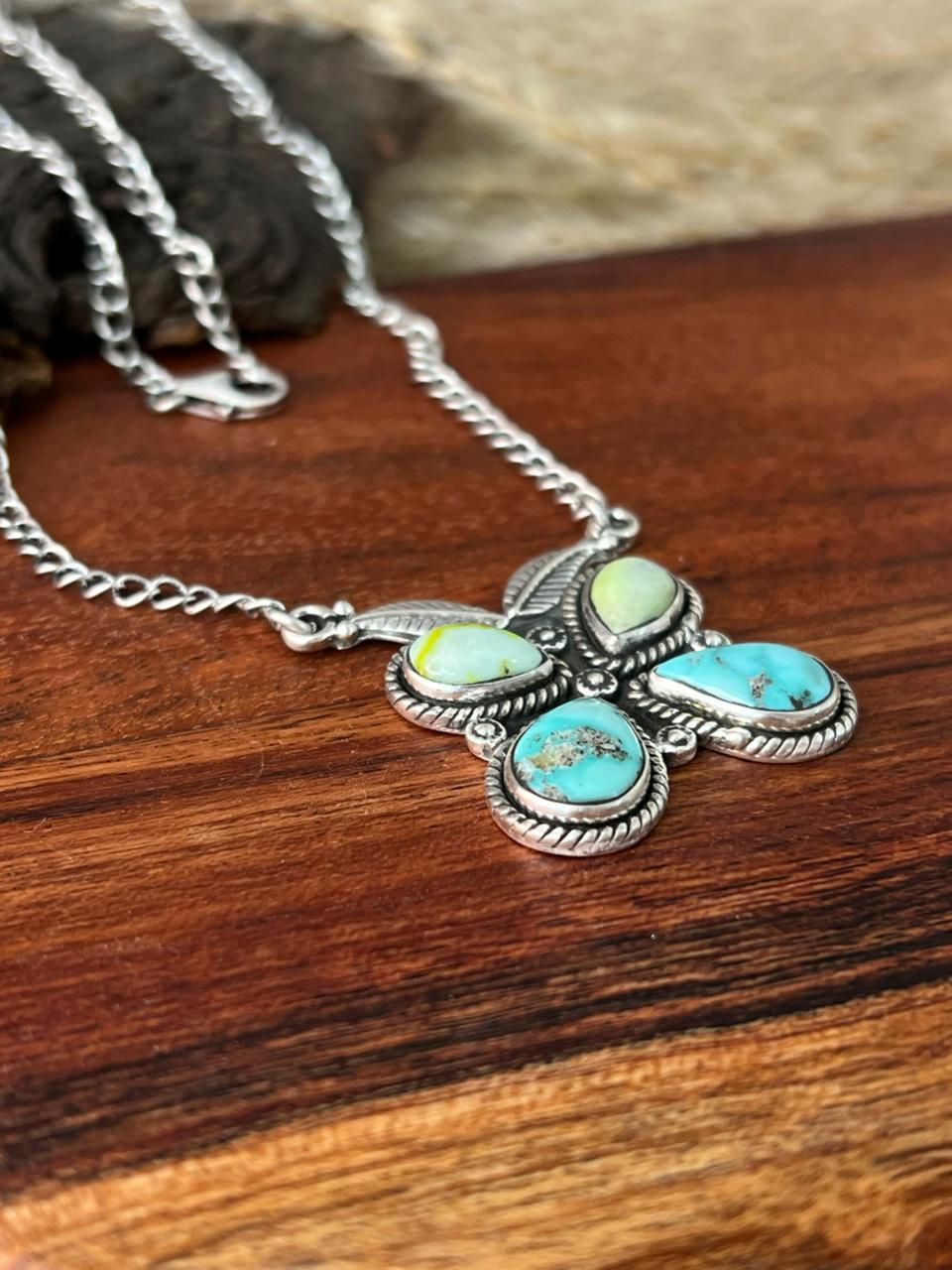 Handmade Sterling Silver White Water with Palomino Turquoise Butterfly Necklace "Signed Nizhoni"