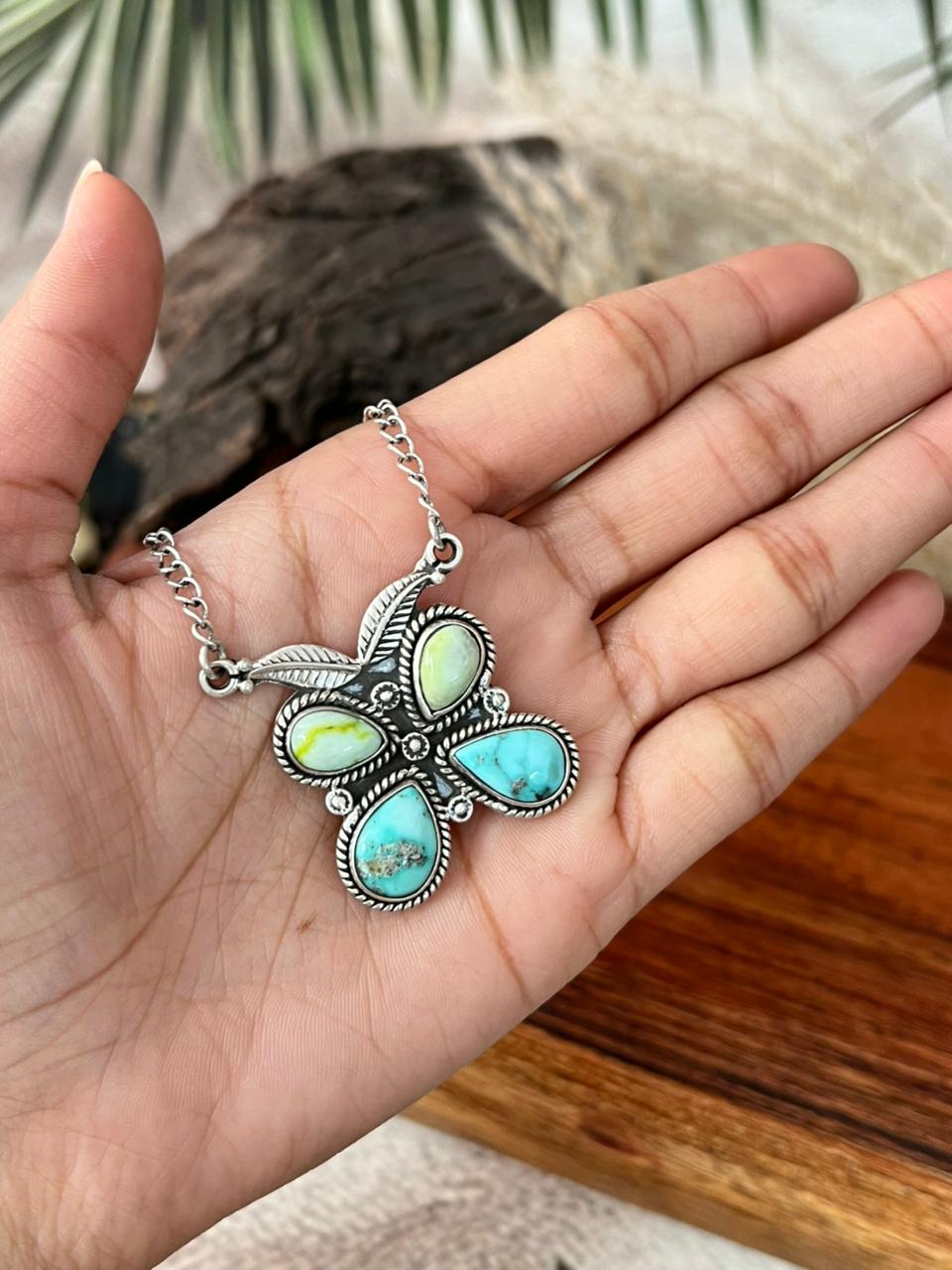 Handmade Sterling Silver White Water with Palomino Turquoise Butterfly Necklace "Signed Nizhoni"