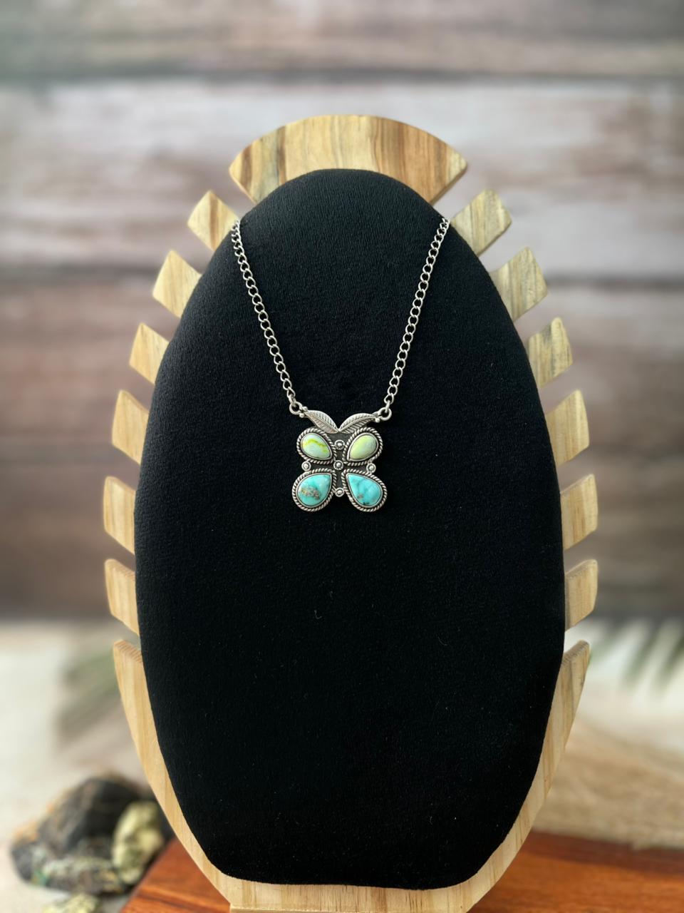 Handmade Sterling Silver White Water with Palomino Turquoise Butterfly Necklace "Signed Nizhoni"
