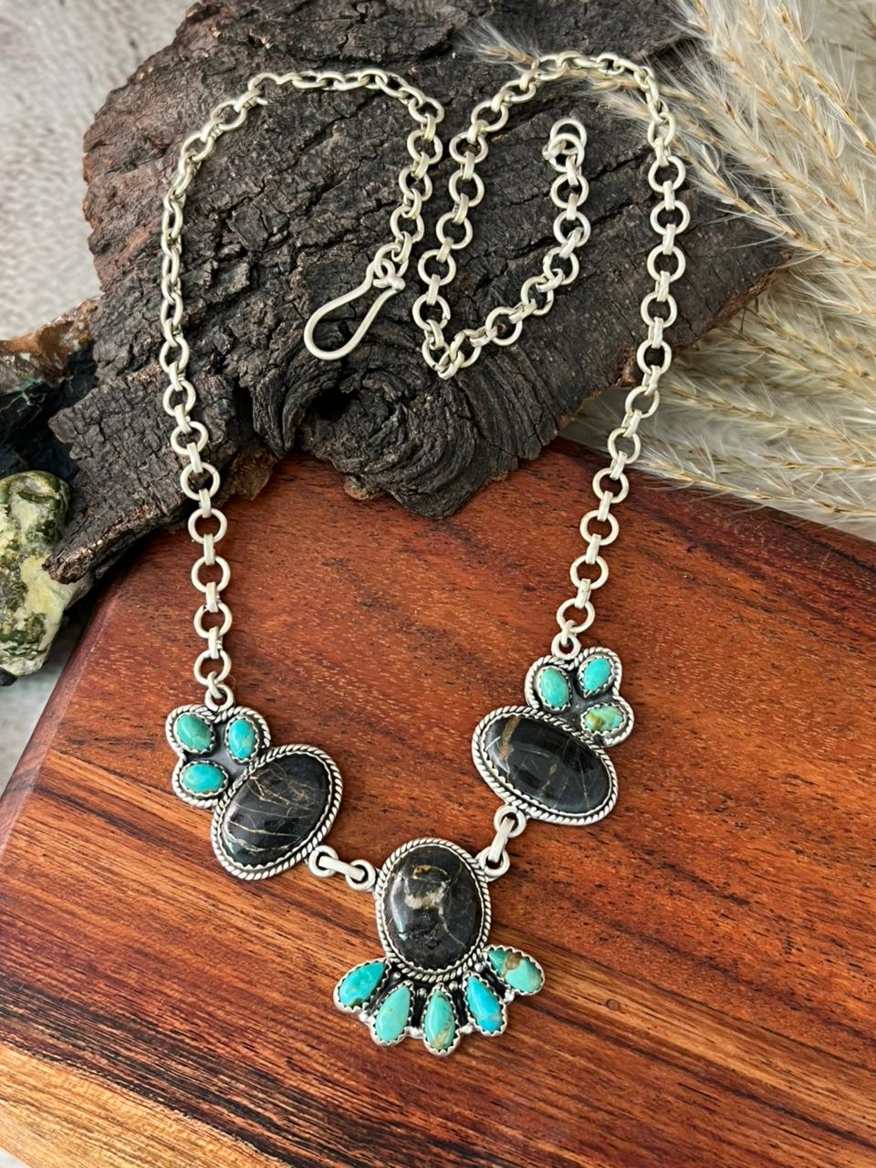 Handmade Sterling Silver Blackjack with Kingman Turquoise Necklace "Signed Nizhoni"