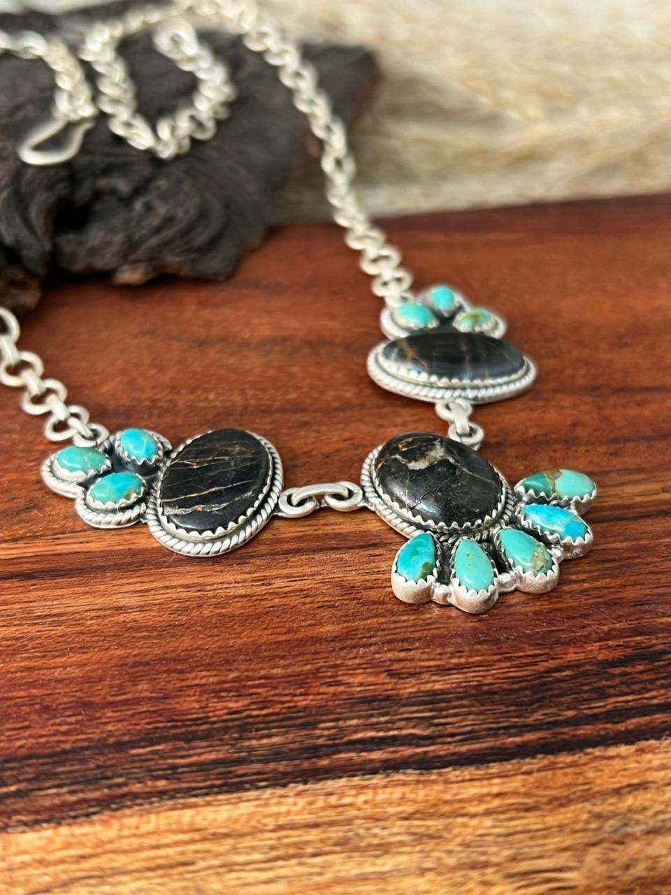 Handmade Sterling Silver Blackjack with Kingman Turquoise Necklace "Signed Nizhoni"