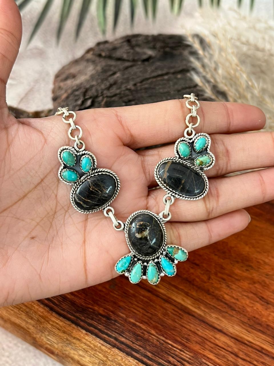 Handmade Sterling Silver Blackjack with Kingman Turquoise Necklace "Signed Nizhoni"