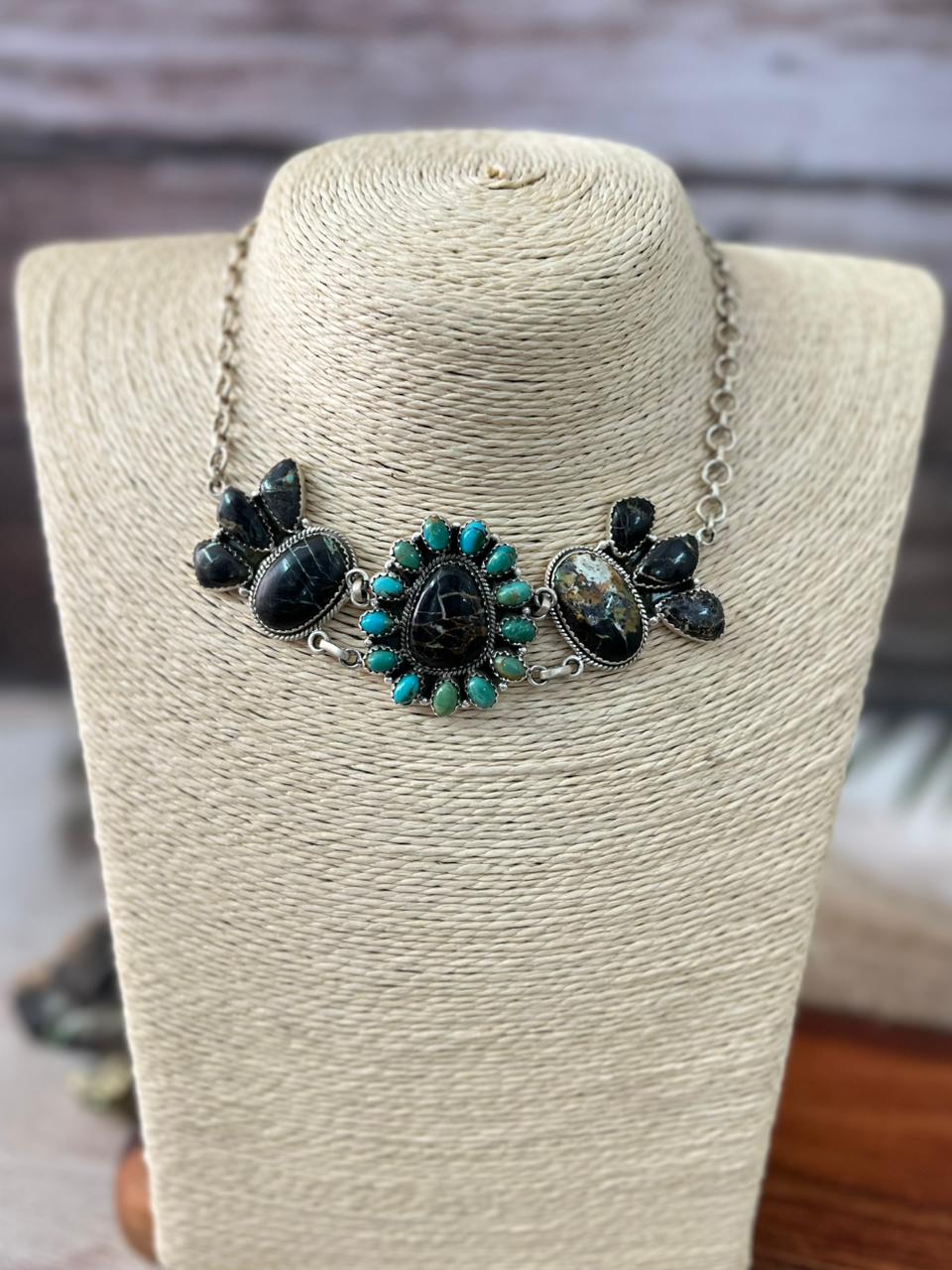 Handmade Sterling Silver Blackjack with Kingman Turquoise Choker Necklace "Signed Nizhoni"
